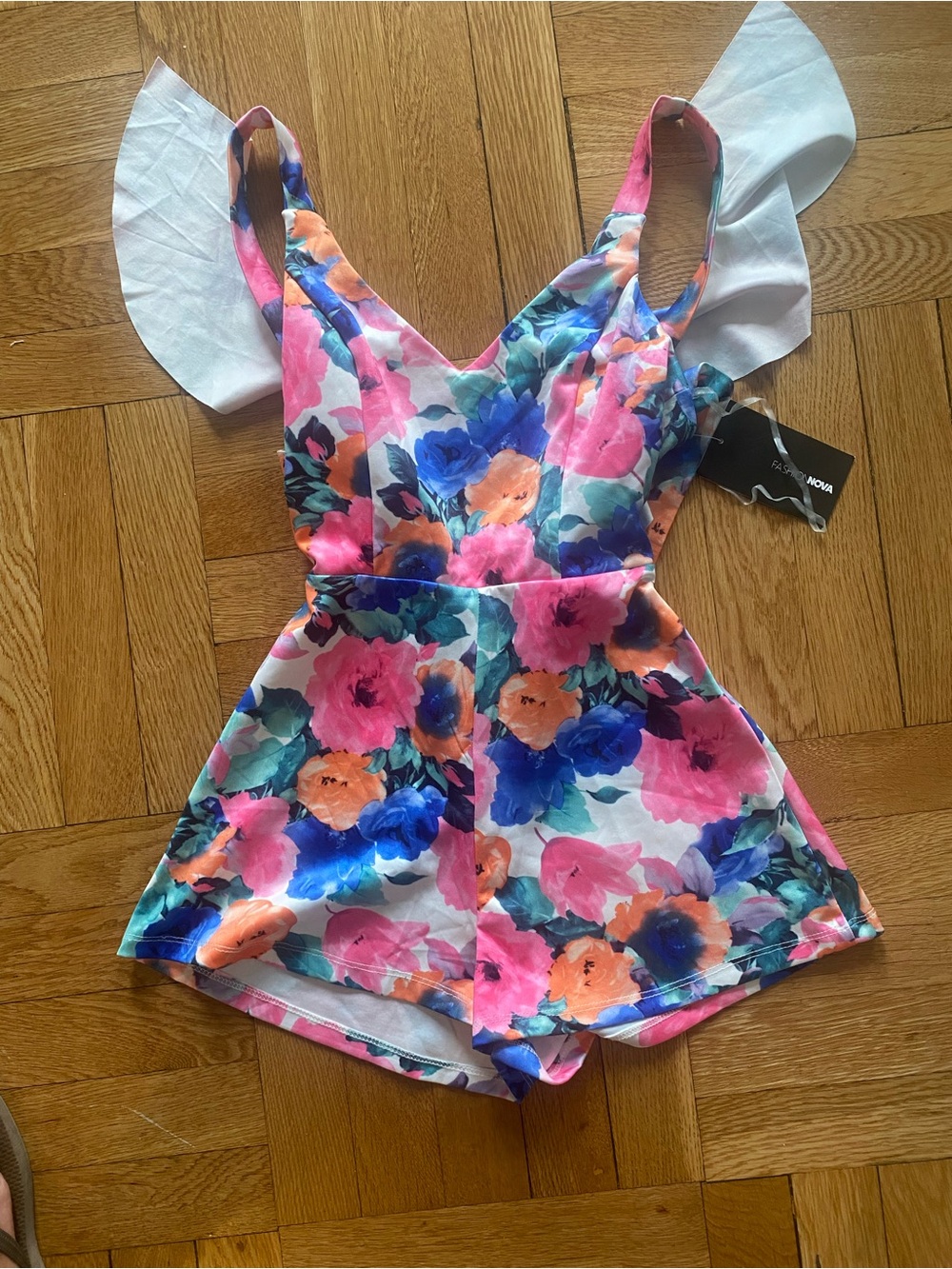 Fashion Nova Floral Ruffle-Strap Romper in Pink, Blue and Orange